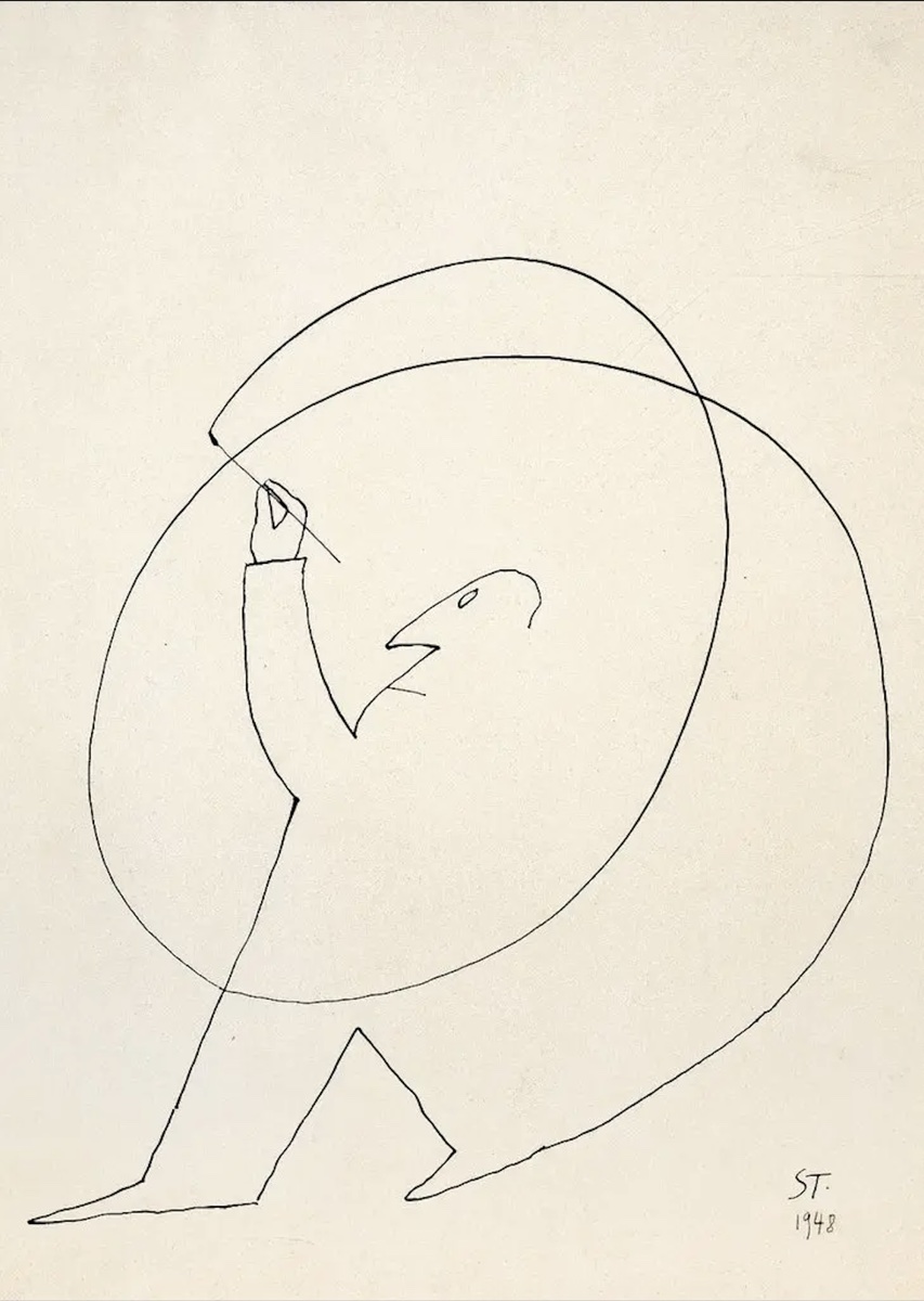 Saul Steinberg line drawing, 1948, of a figure drawing a spiral around itself